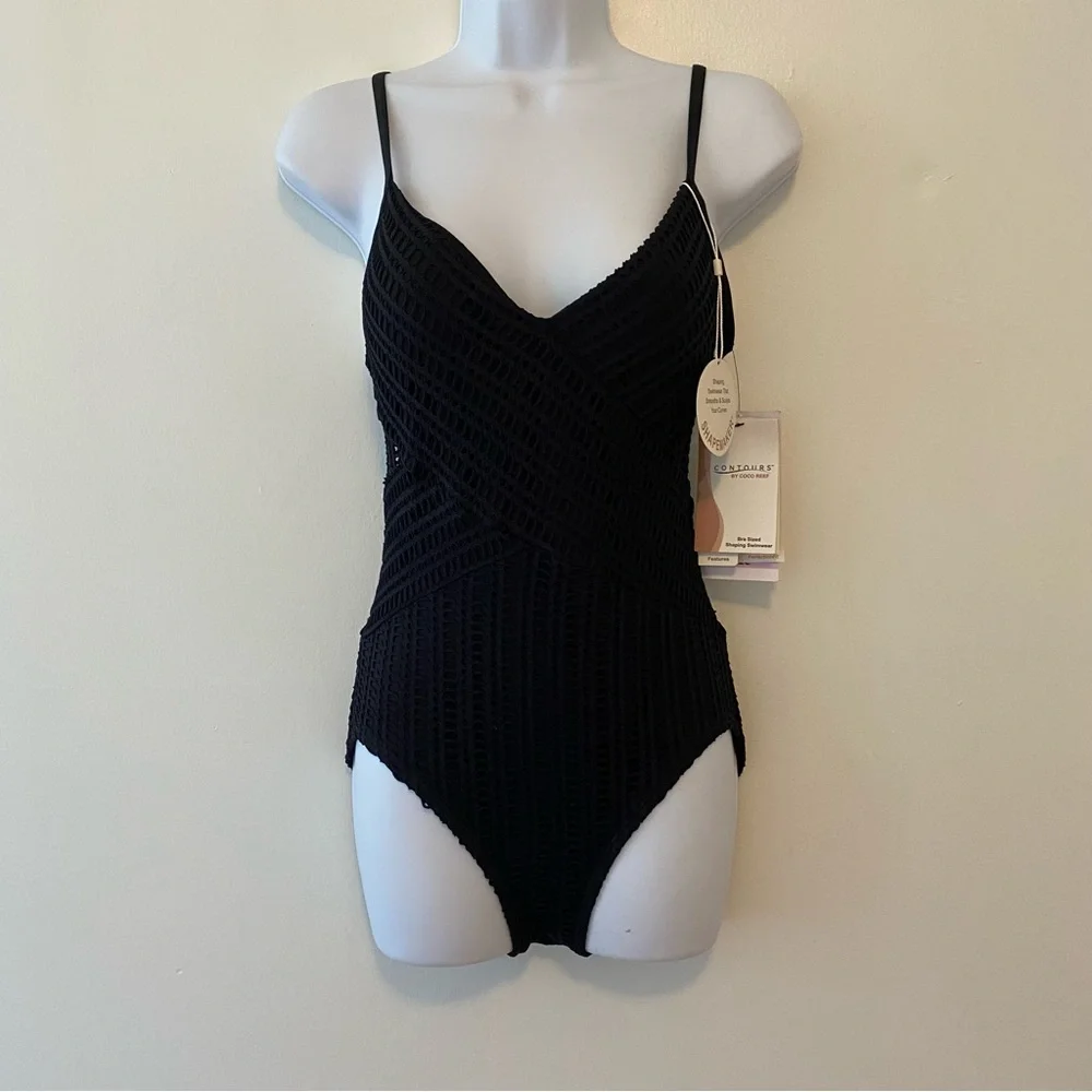 Contours Coco Reef Black Crochet Sterling V-Neck One Piece Swimsuit Size 8 32C - Picture 3 of 9